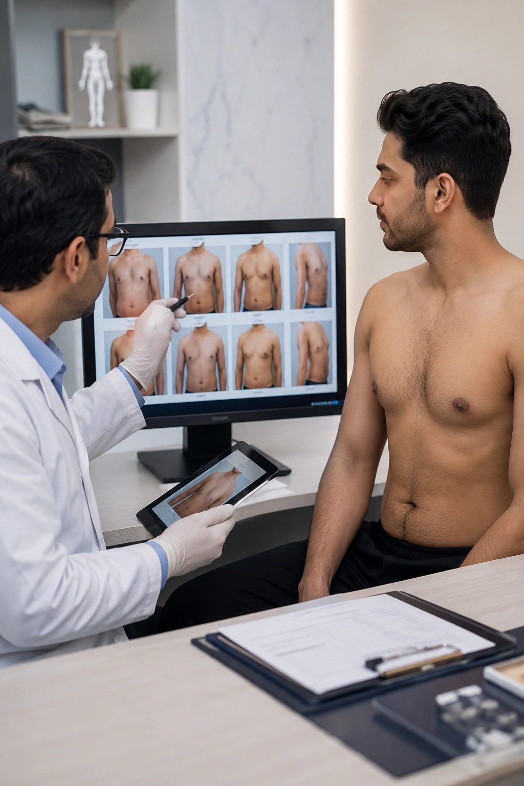 Surgeon performing detailed clinical examination for gynecomastia grading