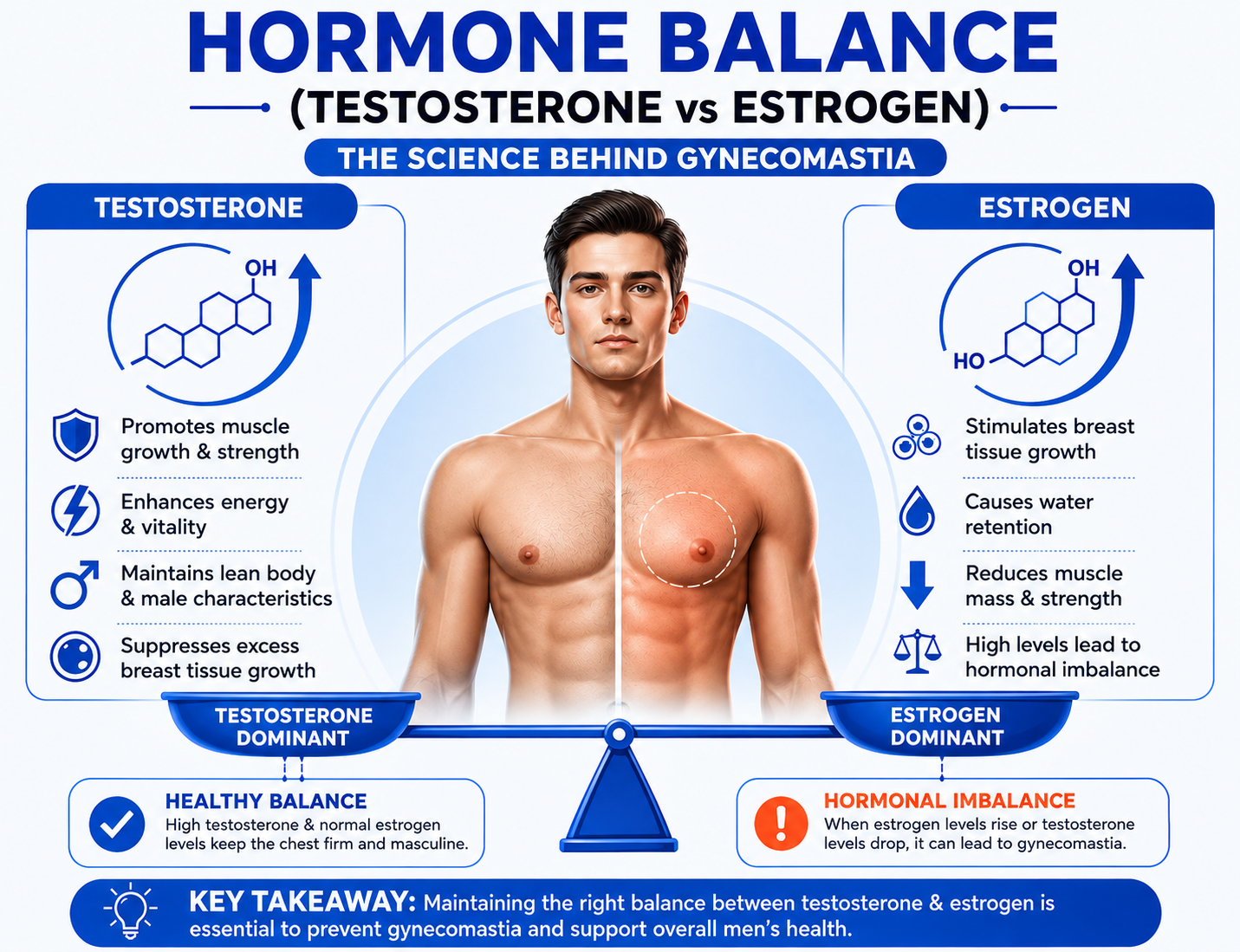 Medical hormone balance concept showing testosterone and estrogen