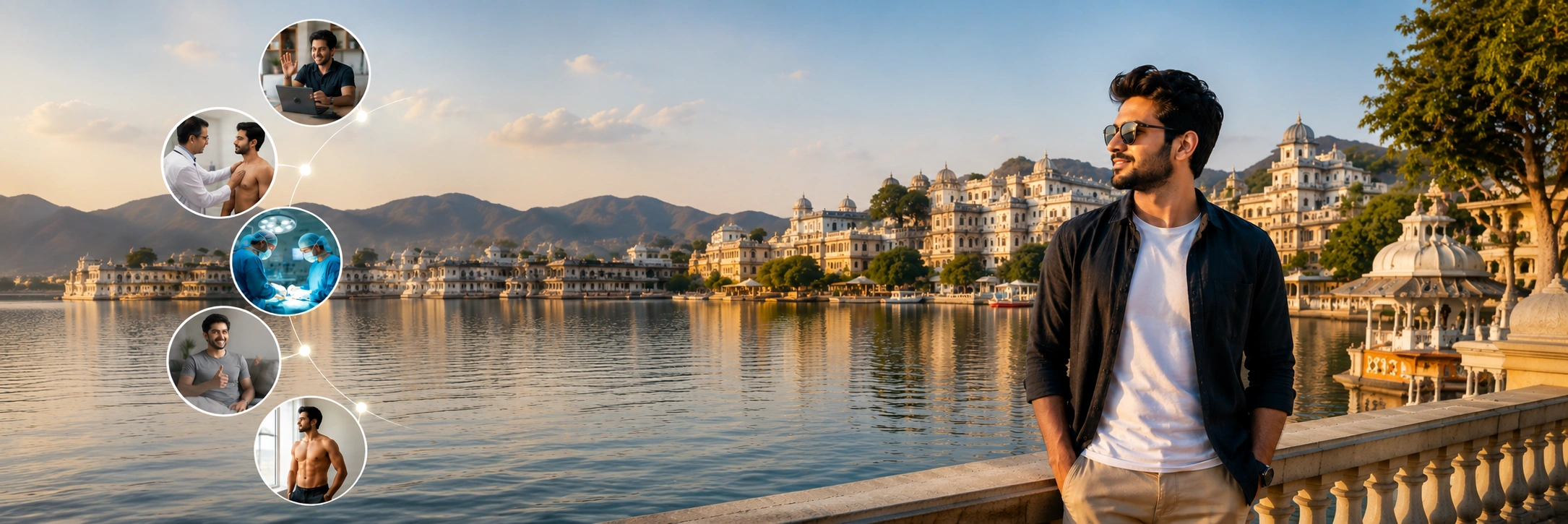 Confident young man standing near a lake in Udaipur after gynecomastia surgery