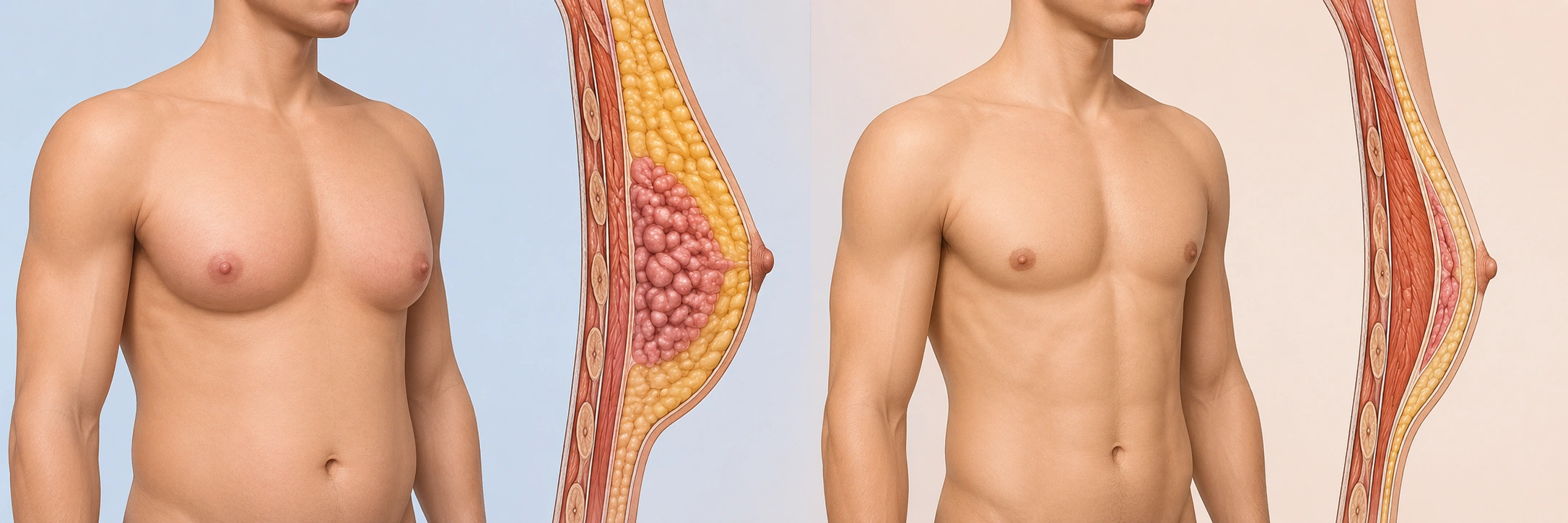 Medical illustration concept showing gynecomastia vs normal chest anatomy