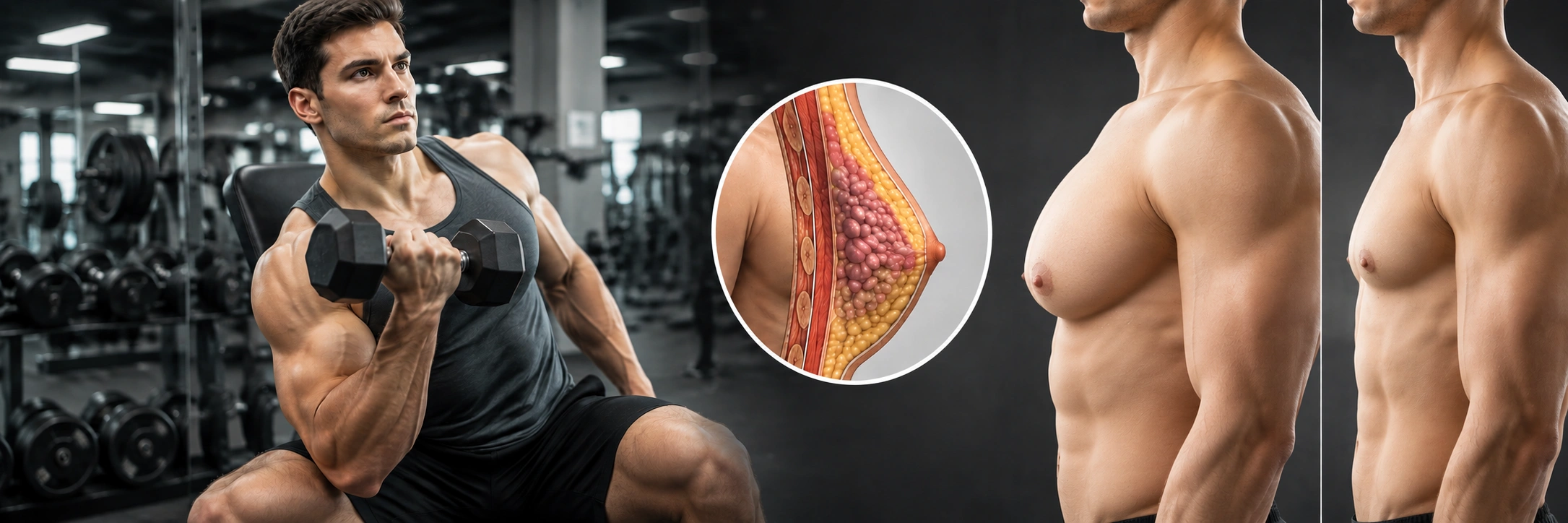 Man exercising at gym — exercise improves health but cannot remove breast gland tissue