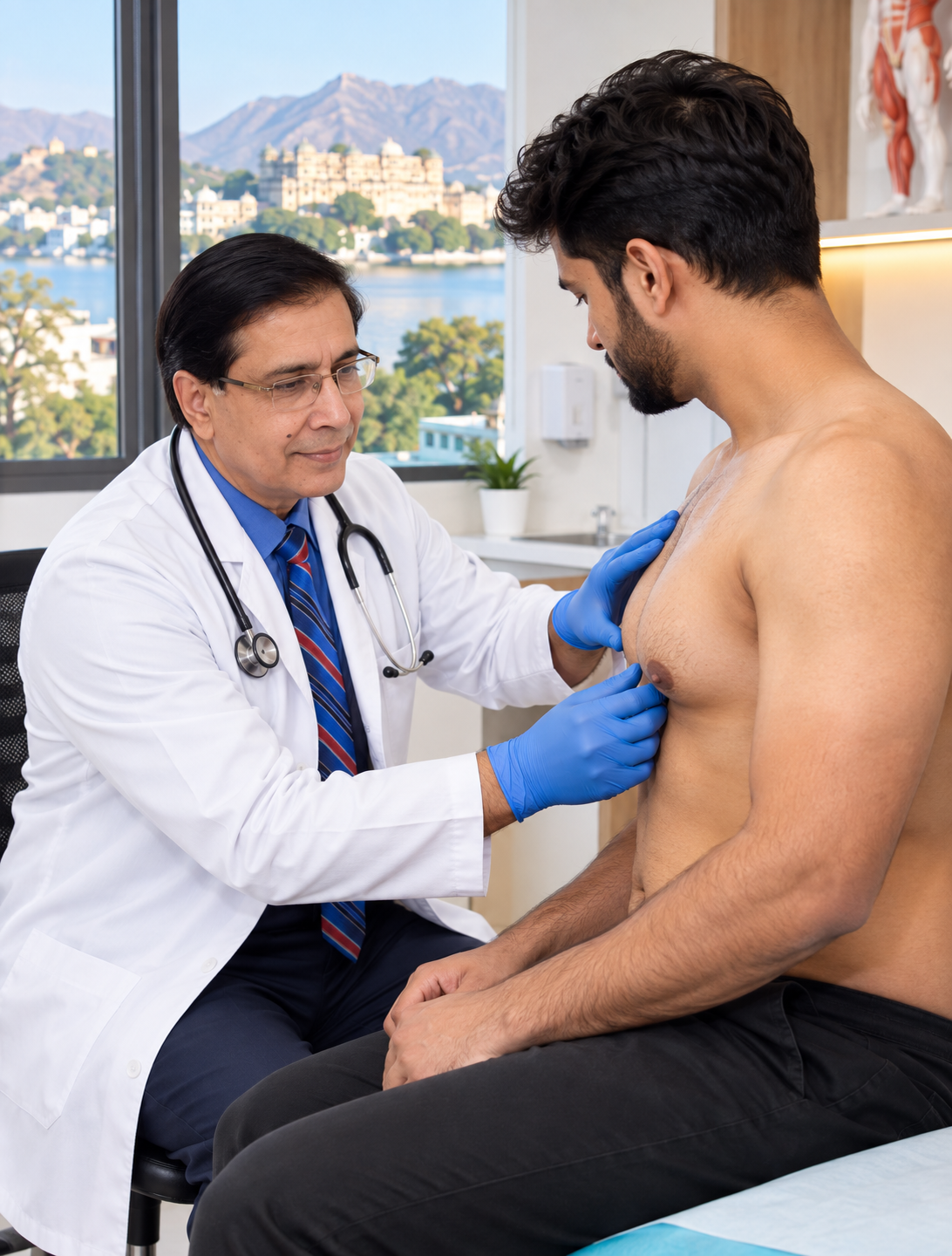 Medical consultation for gynecomastia treatment — doctor assessing male chest at Star Hospital Udaipur