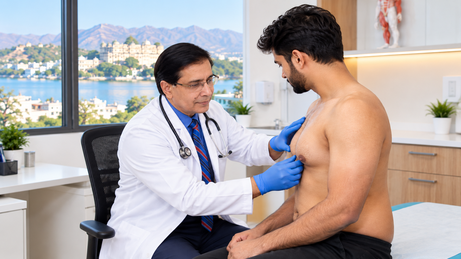 Doctor-patient consultation for gynecomastia diagnosis at Star Hospital Udaipur